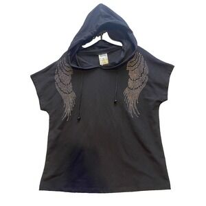 Vocal‎ Sweater Womens Black Large Bling Angel Wings Hooded Streetwear NWOT